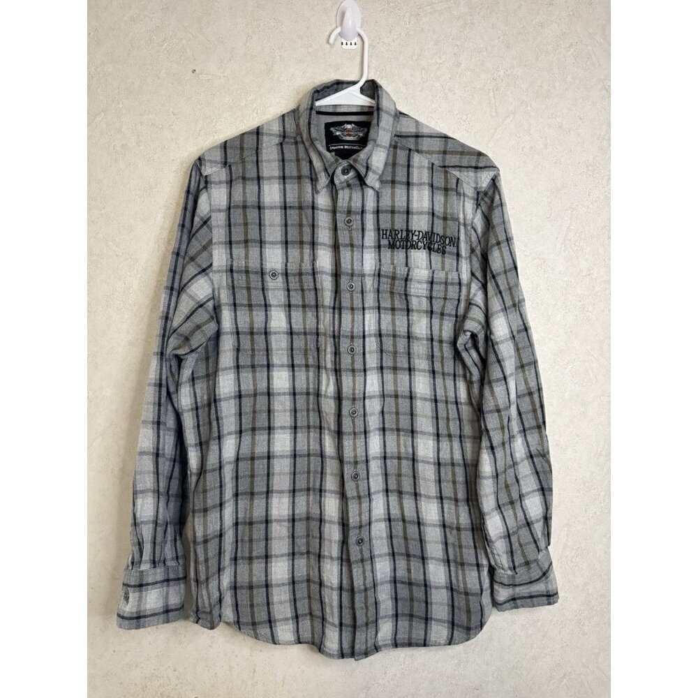 HARLEY DAVIDSON Gray Flannel Plaid Check Button Up Long Sleeve Shirt MEDIUM Bike